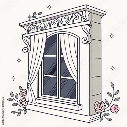 Elegant arched window with ornate decorative trim draped curtains and delicate rose embellishments