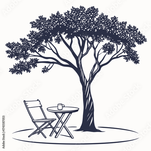 Serene outdoor scene with a large leafy tree providing shade for a small table and chair with a cup