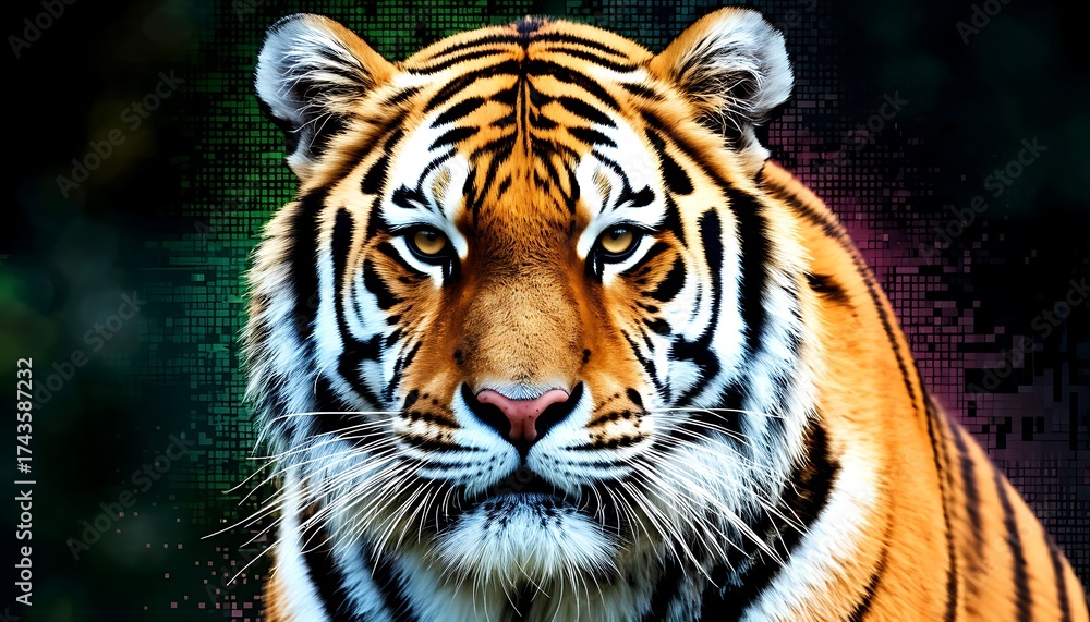 Fototapeta premium Tiger staring directly out. Digital technology pattern blending with the background, representing nature and future