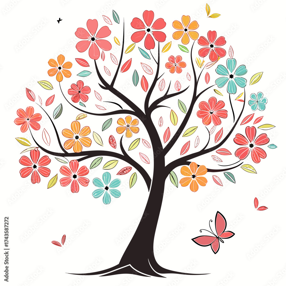 Fototapeta premium Whimsical illustration of a stylized tree adorned with colorful blossoms and falling leaves featuring a butterfly and a bird