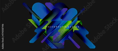 Abstract design features vibrant blue, purple, green gradients. Dynamic shapes overlap creating modern visual impact. Text reads background design.