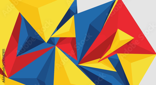 Geometric prism collage with vibrant primaries creates an abstract dimensional mosaic of shape