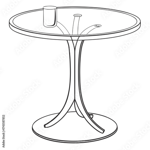 Modern minimalist line art drawing of a round glass top table with a unique pedestal base and a cup