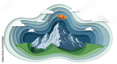 Vector illustration of a mountain peak with a flag, layered paper cut design concept, for