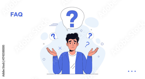 Frustrated man surrounded by question marks illustrating frequently asked questions