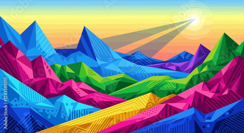 Geometric mountainscape at dawn with vibrant hues and patterned polygonal facets that creates a