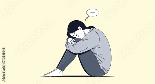 Depressed female character sitting on the floor with tear on her face in monochrome illustration
