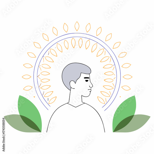 Stylized illustration of a person with a halo of leaves and a circular sunburst design representing inner peace and enlightenment