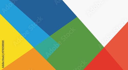 A vibrant composition of overlapping geometric shapes in primary and secondary colors creating