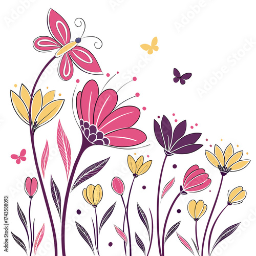 Whimsical floral garden illustration with pink yellow and purple flowers and delicate butterflies fluttering