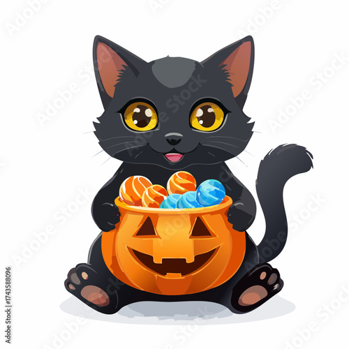 A cute black cat holds a pumpkin bucket filled with candy, likely for Halloween. Cute Halloween cat vector.