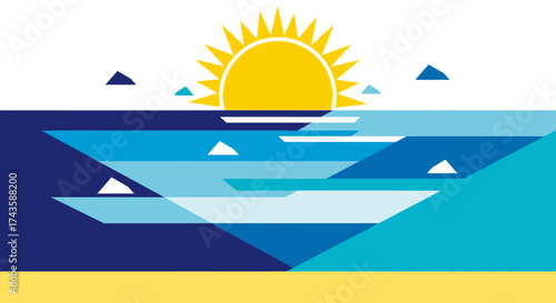 Stylized seascape illustration featuring a radiant sun over abstract ocean waves and sandy beach