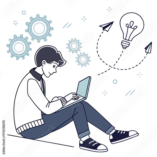 Young man working on laptop generating innovative ideas with gears and lightbulb symbols representing creativity and productivity