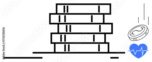 Stack of coins representing finance beside a falling coin and a heartbeat symbol for health. Ideal for healthcare funding, charity, financial planning, medical aid, savings, insurance, wellness