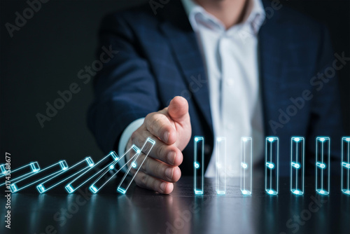 Stopping domino effect business risk management strategy crisis prevention and leadership solution concept