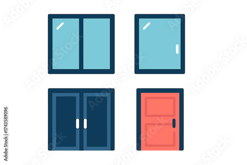 Collection of flat stylized icons representing modern windows and doors architectural elements