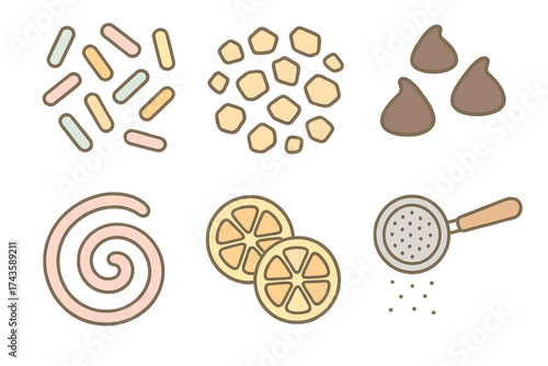 Collection of sweet baking ingredients and kitchen tools like sprinkles chocolate chips and lemon slices