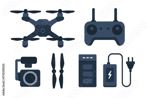 Set of essential equipment and accessories for modern quadcopter drone technology