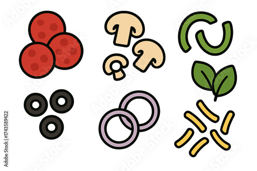 Classic pizza topping ingredients assortment including pepperoni mushrooms and black olives