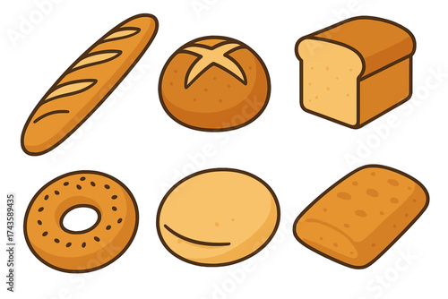 Collection of popular baked goods including baguette, sliced loaf, round roll, and bagel