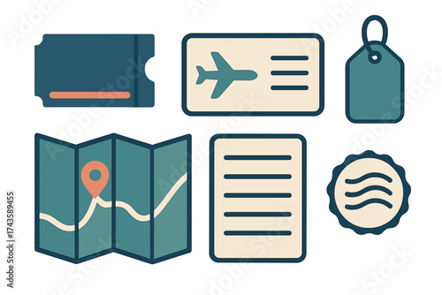 Essential travel documents map ticket boarding pass and luggage tag icons