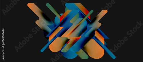 Abstract composition. Overlapping shapes create dynamic visual effect. Colors blend, forming complex pattern. Modern design.