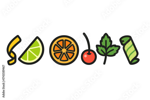 Colorful cocktail garnishes collection featuring citrus slices, cherry, mint, and cucumber peel