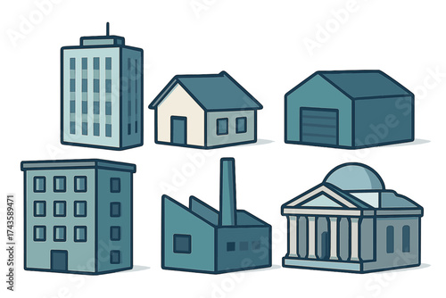 Stylized set of urban and industrial buildings representing residential, commercial, and public structures
