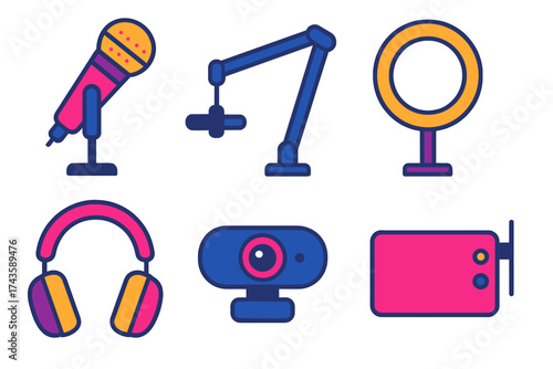 Colorful flat icons set for video streaming and podcasting equipment