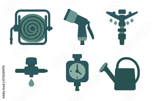 Essential garden watering tools set including hose reel, sprinkler, timer, and watering can