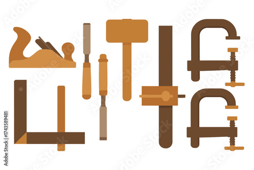 Essential carpentry and woodworking tools including plane, chisel, mallet, and clamps