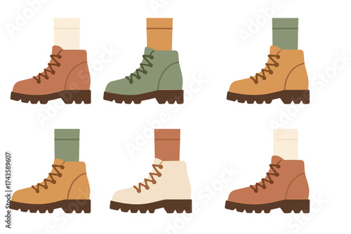 Collection of colorful outdoor trekking boots with thick soles and laces for hiking