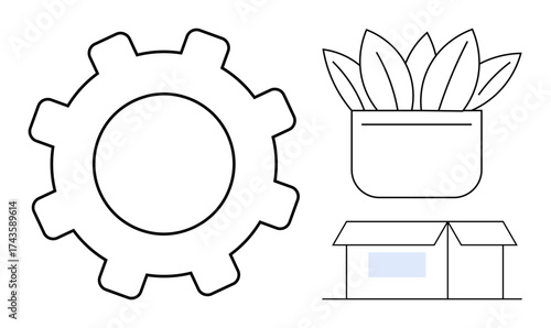 Gear symbol, potted plant, and house outline reflect industry, nature, and housing. Ideal for teamwork, innovation, eco-living creative design urban planning sustainability and community. Simple
