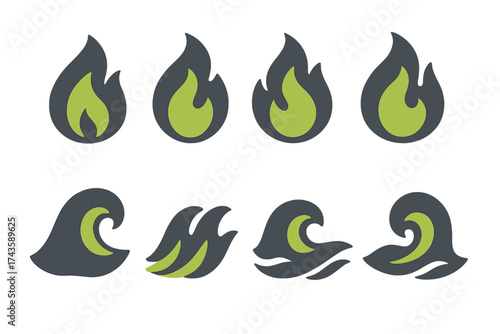 Abstract graphic symbols representing fire and water elements in a modern color palette