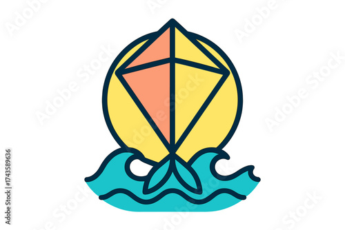 Colorful kite flying above blue ocean waves and yellow sun