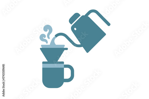 Pouring hot water from a kettle into a filter cone to brew fresh drip coffee