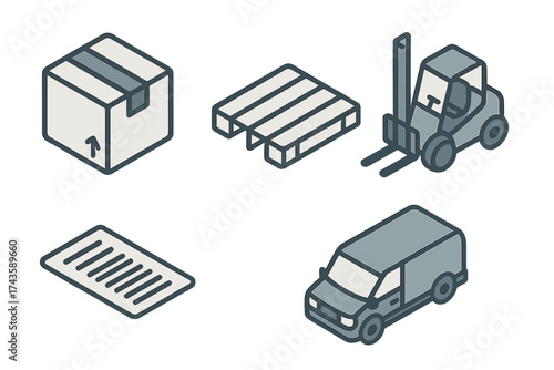 Isometric icons depicting logistics and shipping elements like delivery van, forklift, pallet, and box
