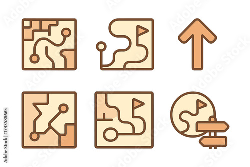 Collection of navigation icons showing different map routes, direction arrows, and signposts