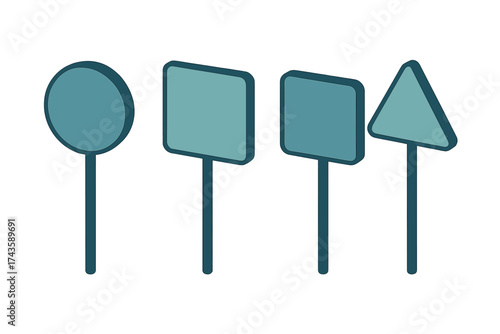 Collection of four blank information signs featuring various geometric shapes in isometric view