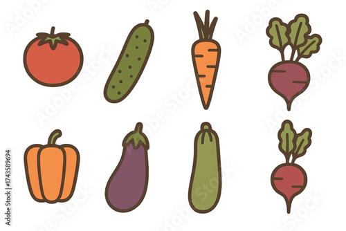 Fresh garden vegetables set including tomato cucumber carrot zucchini eggplant