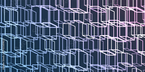 A vibrant abstract pattern of layers of repeating 3D cubes in purple, brown and blue placed on a dark blue background. The bold geometric design and contrasting colors create a striking modern visual.