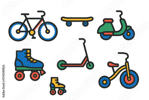 Colorful icons of bicycle skateboard kick scooter motor scooter and roller skates