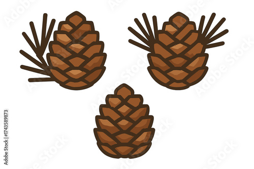 Stylized set of three brown pine cones and evergreen needles isolated on white