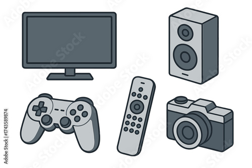 Isometric collection of consumer electronics devices including TV speaker and game controller