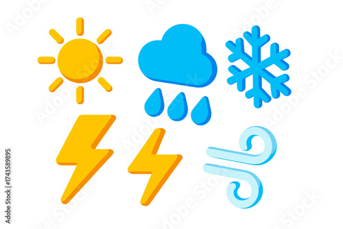 Colorful weather forecast icons set featuring sun, rain, snow, lightning, and wind symbols