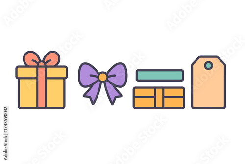 Colorful wrapped present box, decorative bow, and blank price tag elements