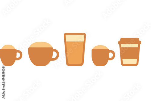 Set of coffee cups, ceramic mugs, glass, and disposable takeaway containers