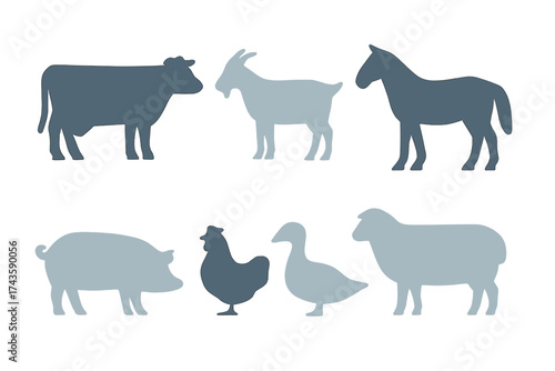 Domestic farm animal silhouettes set featuring cow goat horse pig chicken goose and sheep