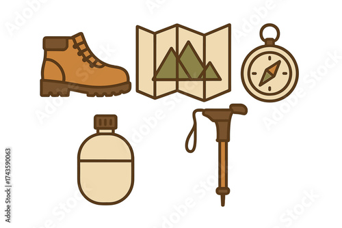 Essential gear set for outdoor hiking and mountain trekking adventures including map and compass