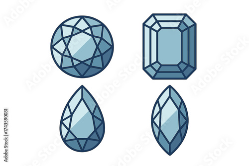 Collection of four blue faceted gemstones in various classic jewelry cuts including round and emerald shapes